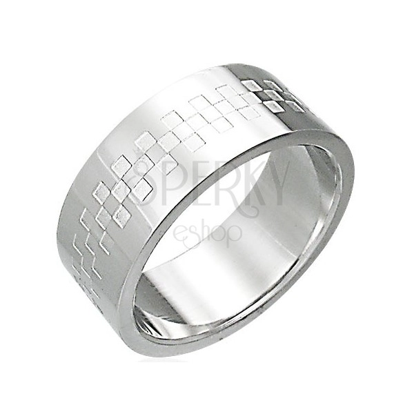 Shiny stainless steel ring with chessboard pattern