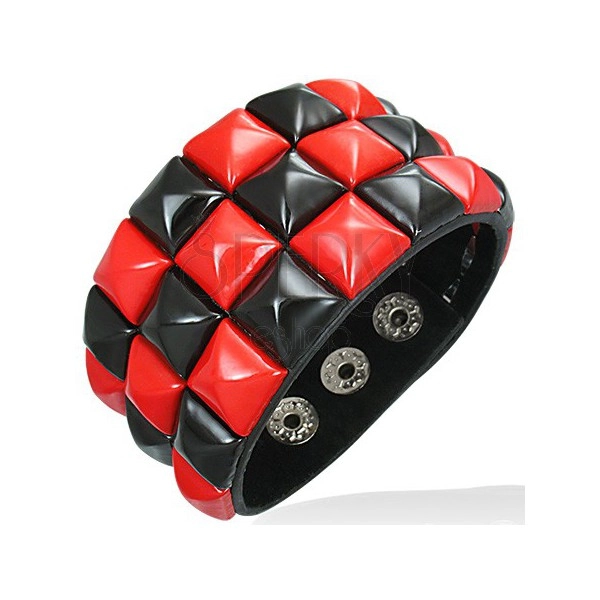 Leather bracelet - black and red, chessboard pattern
