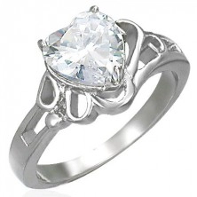 Lady's shiny steel ring, big clear zircon heart