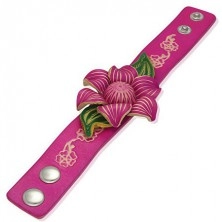 Pink leather bracelet - huge lotus flower