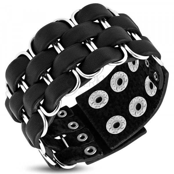Leather bracelet - narrow stripes, metal buckles, black