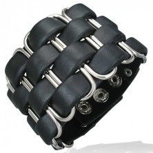 Leather bracelet - narrow stripes, metal buckles, black