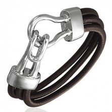 PVC leather bracelet - three brown round ropes, double hook