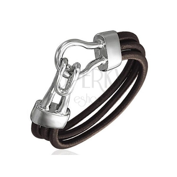 PVC leather bracelet - three brown round ropes, double hook