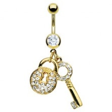 Belly button ring in gold colour - key and zirconic lock