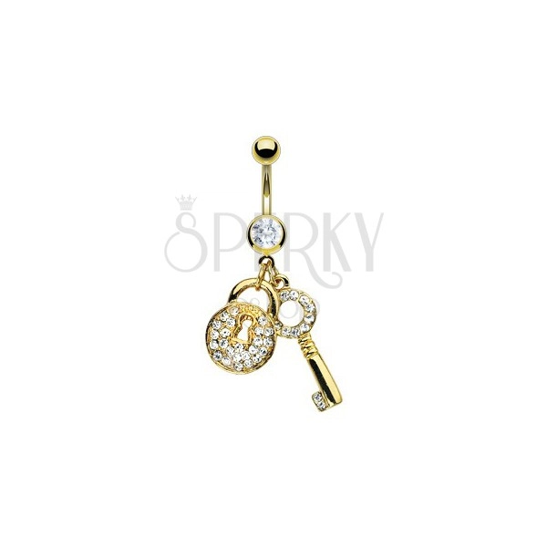 Belly button ring in gold colour - key and zirconic lock
