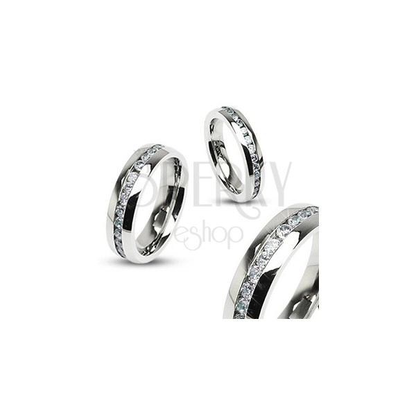Steel ring in silver colour, central line of clear zircons