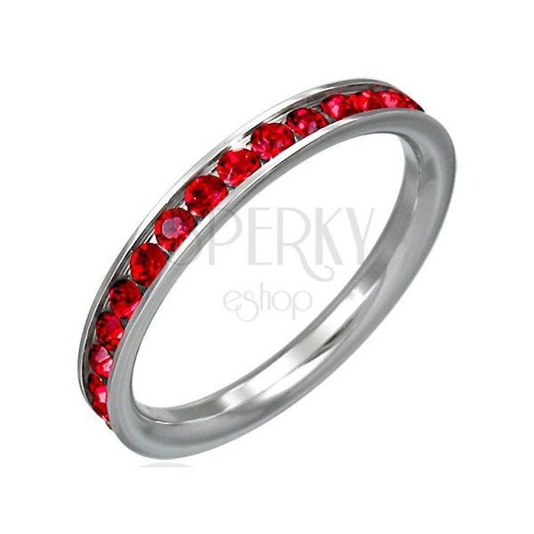 Stainless steel ring with red rhinestones