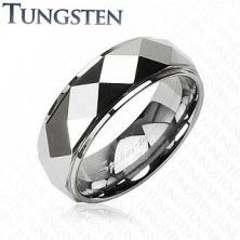 Tungsten ring with bevelled rhombuses, silver colour