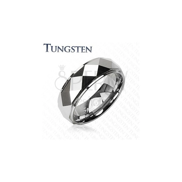Tungsten ring with bevelled rhombuses, silver colour