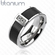 Titanium ring - black mesh pattern, two clear zircons
