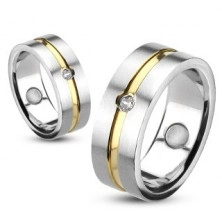 Stainless steel ring with golden line and embedded zircon