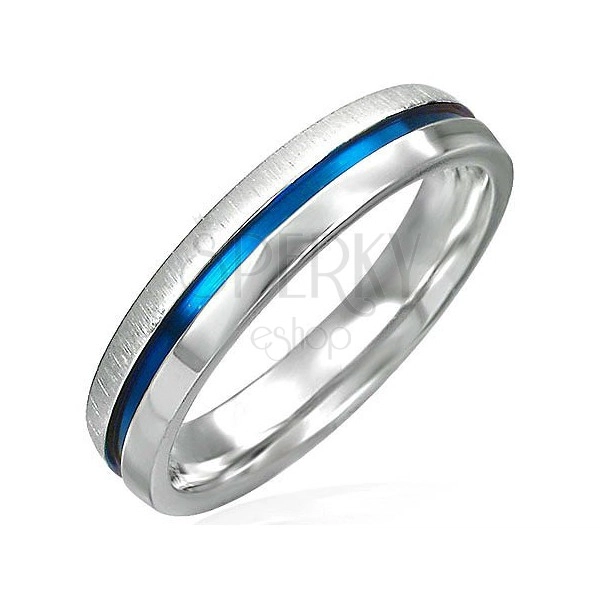 Steel ring with blue stripe - one half shiny, the other matt