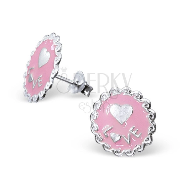 Sterling silver 925 earrings - decorative circle with heart, pink