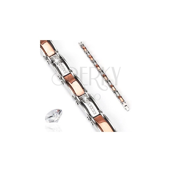 Bracelet made of surgical steel, bicoloured, strips of clear zircons