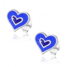 Silver 925 earrings - double heart in blue or pink colour