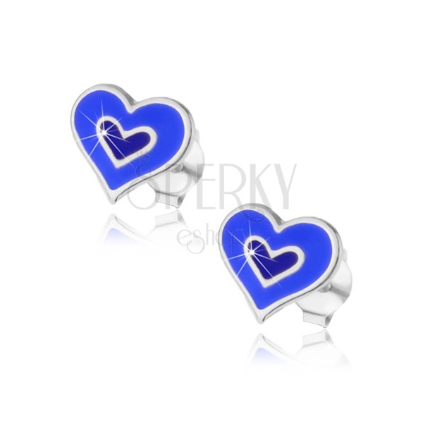 Silver 925 earrings - double heart in blue or pink colour