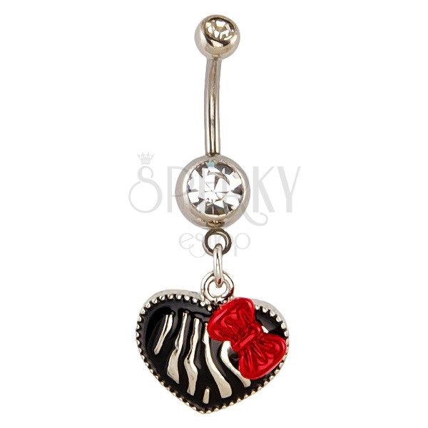 Belly button ring - heart dangle, zebra pattern with bow