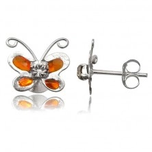 Sterling silver earrings 925 - orange butterfly with clear zircon