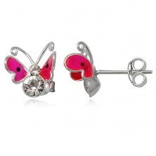 Sterling silver earrings 925 - pink flying butterfly, two zircons