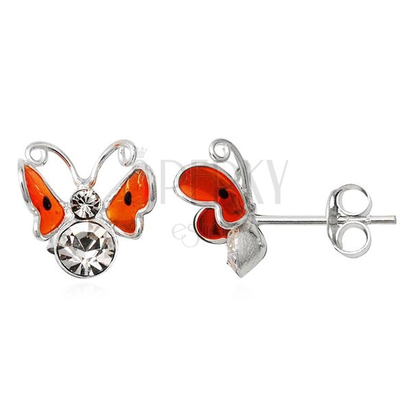 Sterling silver earrings 925 - 3D orange butterfly, black dots
