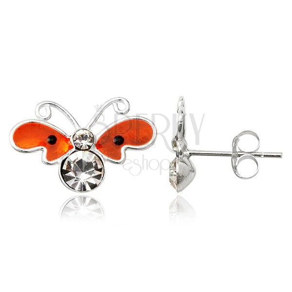 Silver stud earrings 925 - flat orange butterfly, zircons