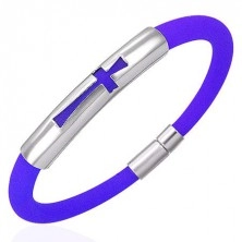 Round blue silicone bracelet with steel tag - cross