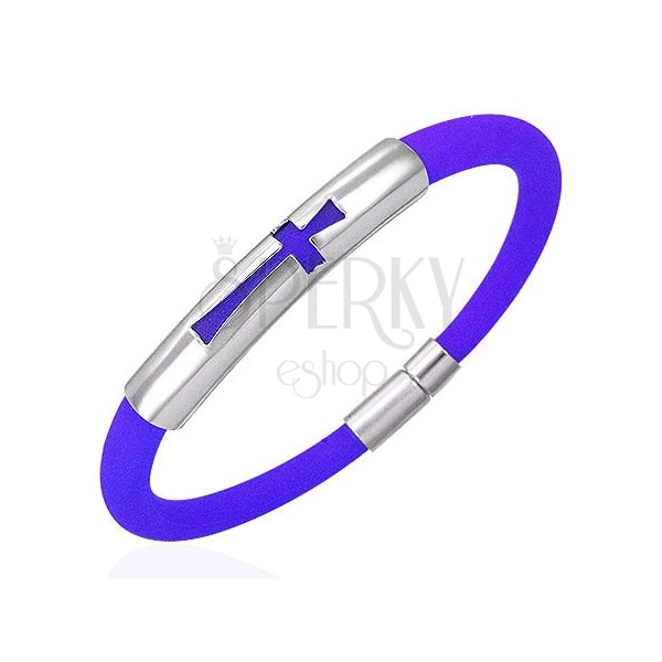 Round blue silicone bracelet with steel tag - cross