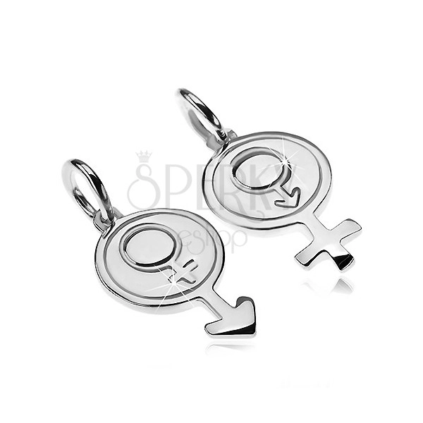 Couple pendants made of 925 silver - male and female gender symbols