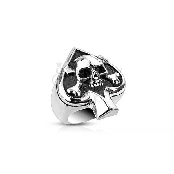 Stainless steel ring with playing card symbol and skull