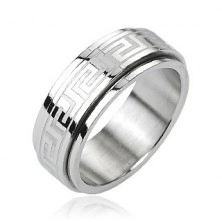 Steel ring - spinning middle part, Greek key, silver colour