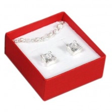 Present box for rings - red colour, bow of silver colour