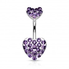 Belly bar - two pave gemmed hearts 
