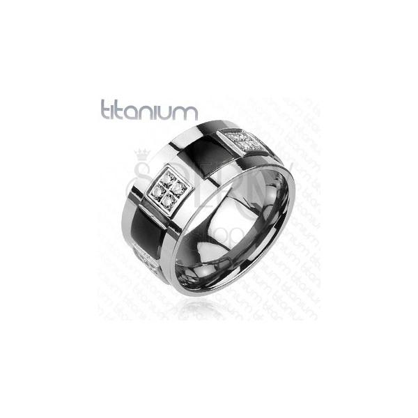 Titanium ring decorated with clear zircons and black squares
