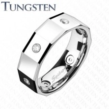 Angular tungsten ring with squares and zircons