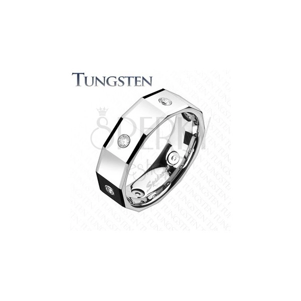 Angular tungsten ring with squares and zircons