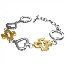 Steel bracelet - circle, heart and golden cross