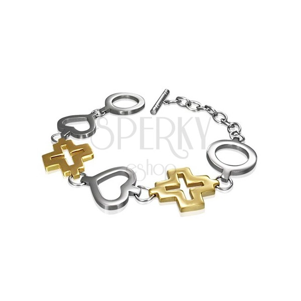 Steel bracelet - circle, heart and golden cross