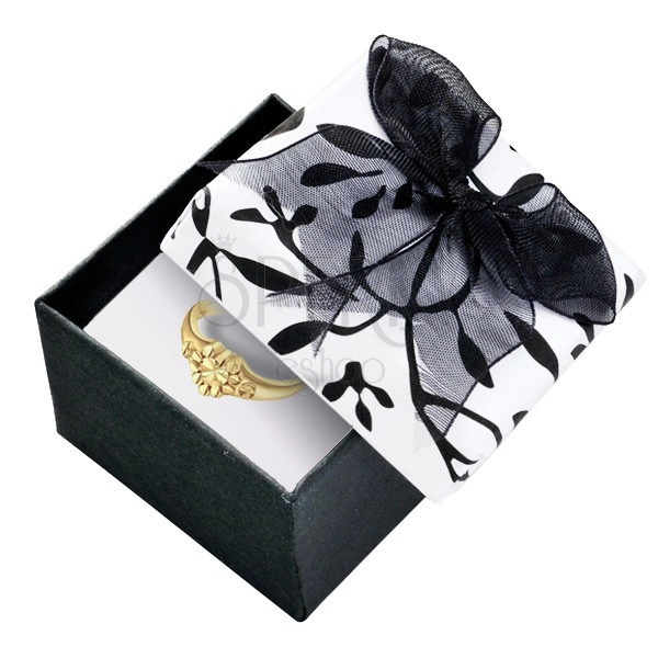 Gift box - whiteblack with leaves and bow