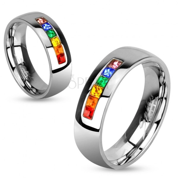 Stainless steel ring with colourful zircons