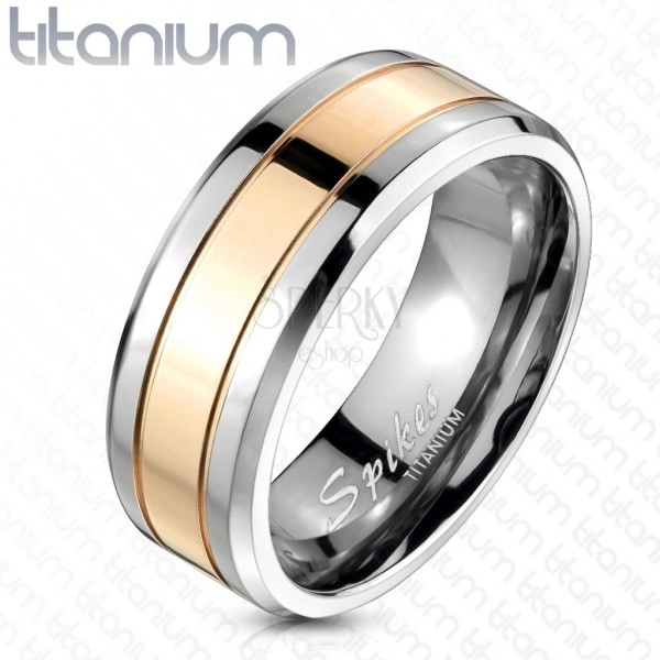 Titanium wedding ring with stripe of pink-gold colour, 8 mm