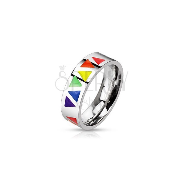 Stainless steel ring with colourful triangles on silver toned surface