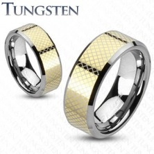 Ring made of tungsten carbide with cross-hatched golden stripe