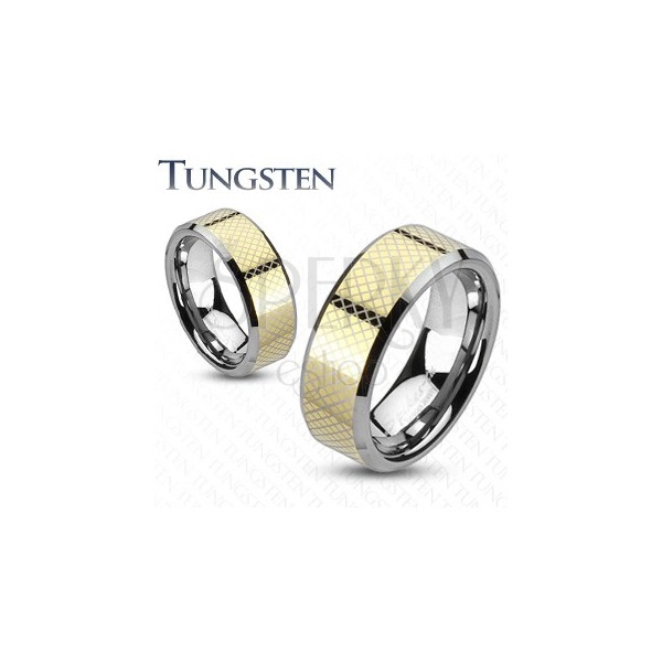 Ring made of tungsten carbide with cross-hatched golden stripe