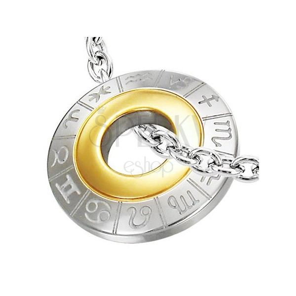 Surgical steel pendant with zodiac signs, silver and gold colour