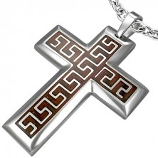 Steel cross pendant with Aztec pattern on brown background