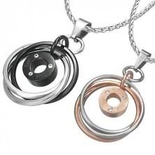 Couple pendants - triple circles with zircons and inscription
