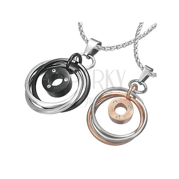 Couple pendants - triple circles with zircons and inscription