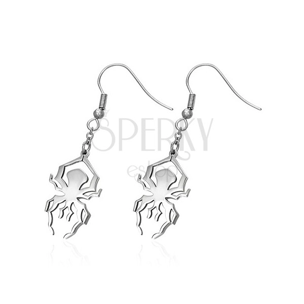 Steel earrings in silver hue - shiny spider on hook