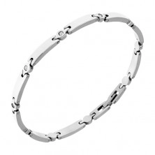 Narrow stainless steel bracelet made of shiny links, small zircons